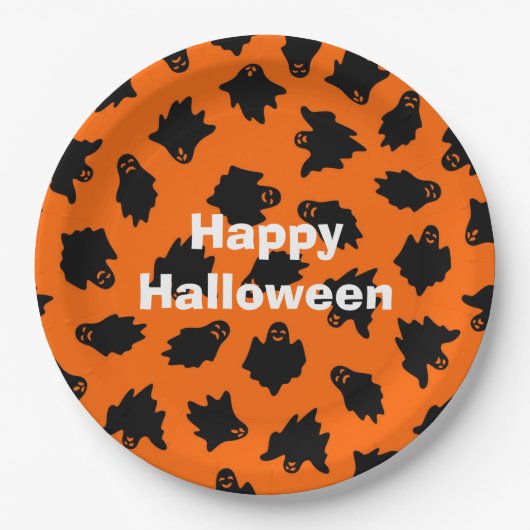 ハッピーハローウィンパーティーオレンジ幽霊 ペーパープレート (正面)