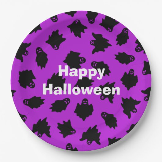 ハッピーハローウィンパーティーパープル幽霊 ペーパープレート (正面)