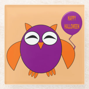 ハッピーハローウィンパーティーフクロウ ガラスコースター