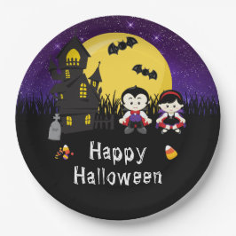 ハッピーハローウィンパーティーヴァンパイアパープル ペーパープレート
