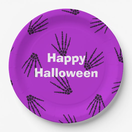 ハッピーハローウィンパーティー紫色のボーン ペーパープレート (正面)