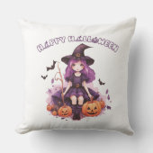 ハッピーハローウィンパープルウィッチカボチャ&こうもり クッション (正面)