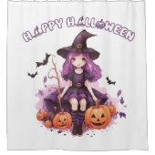 ハッピーハローウィンパープルウィッチカボチャ&こうもり シャワーカーテン (正面)