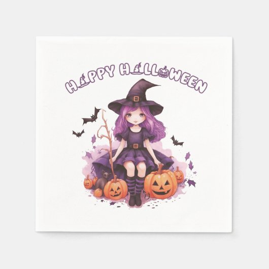 ハッピーハローウィンパープルウィッチカボチャ&こうもり スタンダードカクテルナプキン (正面)