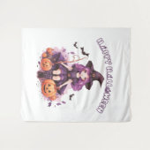 ハッピーハローウィンパープルウィッチカボチャ&こうもり タペストリー (正面(横))