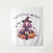ハッピーハローウィンパープルウィッチカボチャ&こうもり タペストリー (正面)