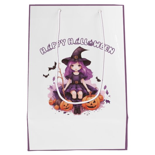 ハッピーハローウィンパープルウィッチカボチャ&こうもり ミディアムペーパーバッグ (裏面)