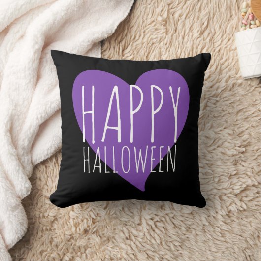 ハッピーハローウィンパープルハートブラック&グレーストライプズ クッション (ブランケット)