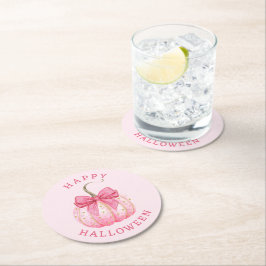 ハッピーハローウィンピンクコケットボーカンプキン ラウンドペーパーコースター