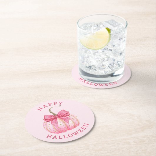 ハッピーハローウィンピンクコケットボーカンプキン ラウンドペーパーコースター (インサイチュ)