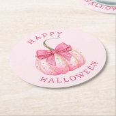 ハッピーハローウィンピンクコケットボーカンプキン ラウンドペーパーコースター (アングル)