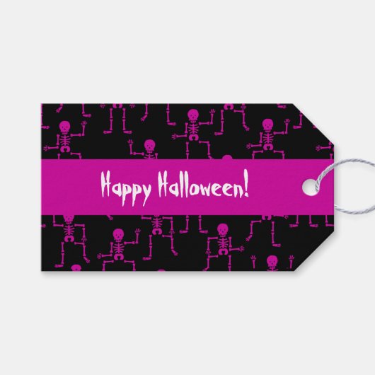 ハッピーハローウィンピンク踊りスケルトンパターン ギフトタグ (正面(横))