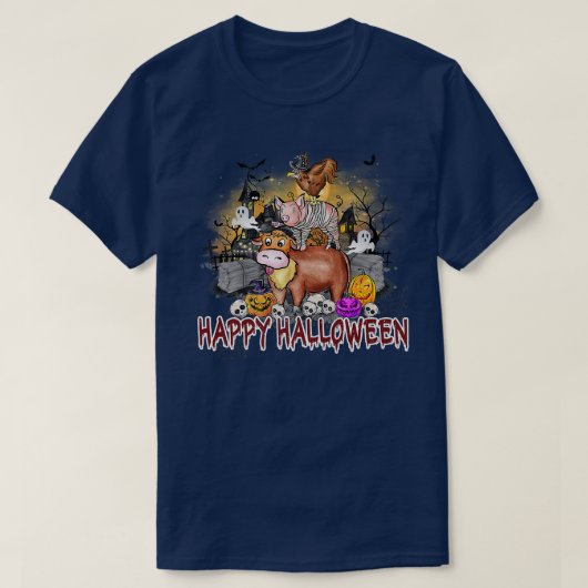 ハッピーハローウィンファーム幽霊のよく出るアニマルズハウスジャックOLa Tシャツ (デザイン正面)