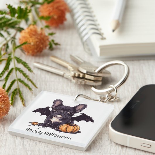 ハッピーハローウィンフランスのブルドッグこうもりウィングスパンプキンス キーホルダー (正面右)