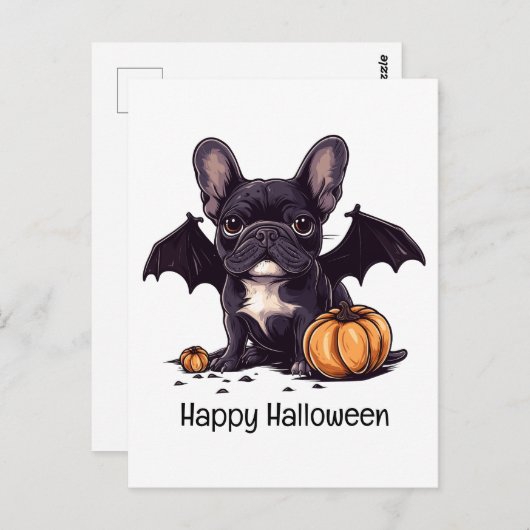 ハッピーハローウィンフランスのブルドッグこうもりウィングスパンプキンス ポストカード (正面/裏面)