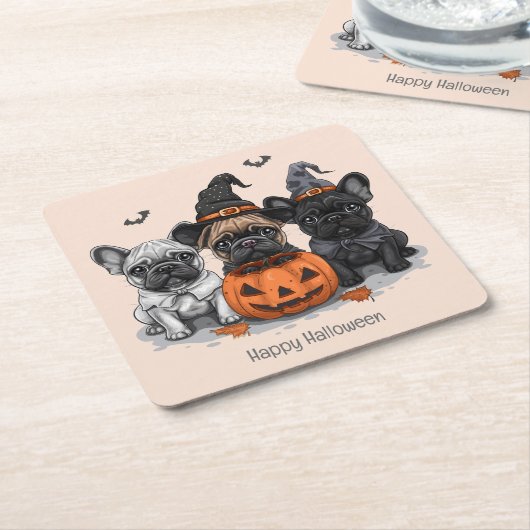 ハッピーハローウィンフランスのブルドッグ スクエアペーパーコースター (アングル)