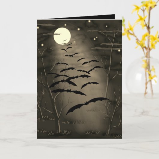 ハッピーハローウィンフルイエロームーンこうもりヴィンテージ カード (黄色い花)