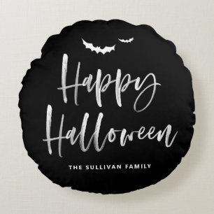 ハッピーハローウィンブラシレタリング白黒 ラウンドクッション