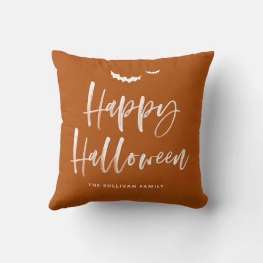 ハッピーハローウィンブラシ書道の燃えたオレンジ クッション (裏面)