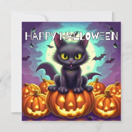 ハッピーハローウィンブラックこうもり猫 カード (正面)