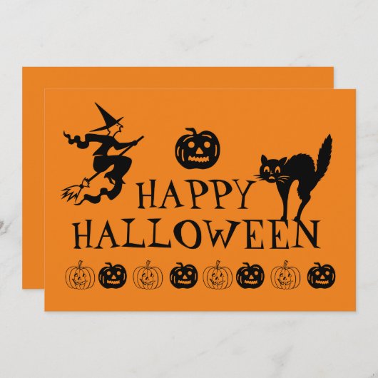 ハッピーハローウィンブラックとオレンジスポオキー 招待状 (正面/裏面)