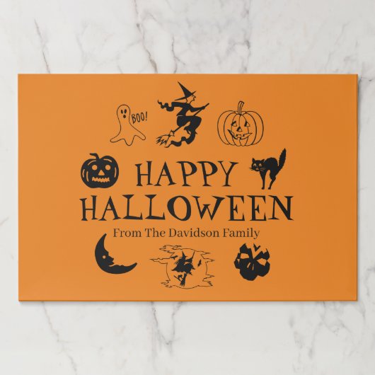 ハッピーハローウィンブラックオレンジ名前をカスタムするランチョンマット ペーパーパッド (正面)