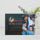 ハッピーハローウィンブラックオレンジ色の魔女ファミリー写真 招待状 (スタンド正面)