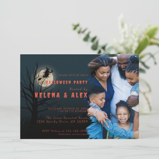 ハッピーハローウィンブラックオレンジ色の魔女ファミリー写真 招待状 (スタンド正面)