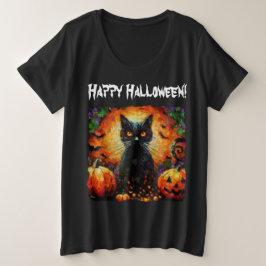 ハッピーハローウィンブラックキャットこうもりカボチャ プラスサイズTシャツ