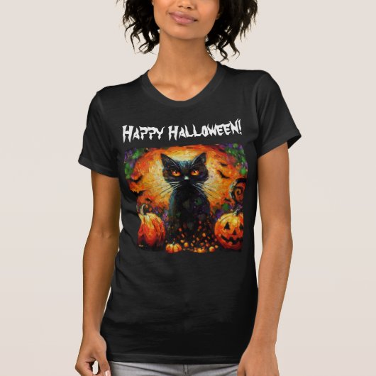 ハッピーハローウィンブラックキャットこうもりカボチャ Tシャツ (正面)