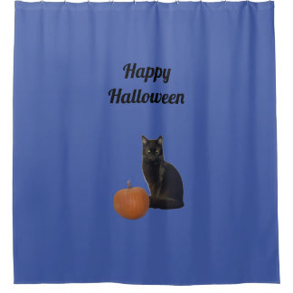 ハッピーハローウィンブラックキャットオレンジカボチャブルー シャワーカーテン