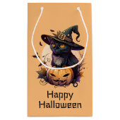 ハッピーハローウィンブラックキャットカボチャ |淡いオレンジ スモールペーパーバッグ (裏面)