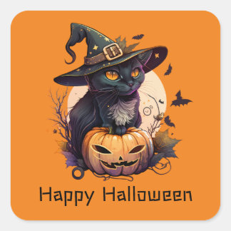 ハッピーハローウィンブラックキャットジャックオランタンオレンジ スクエアシール