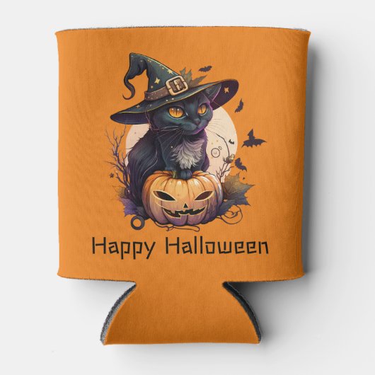 ハッピーハローウィンブラックキャットジャックオランタンオレンジ 缶クーラー (正面)