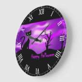 ハッピーハローウィンブラックキャットパープル ラージ壁時計 (傾斜)