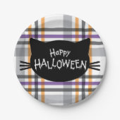 ハッピーハローウィンブラックキャット顔シルエット ペーパープレート (正面)