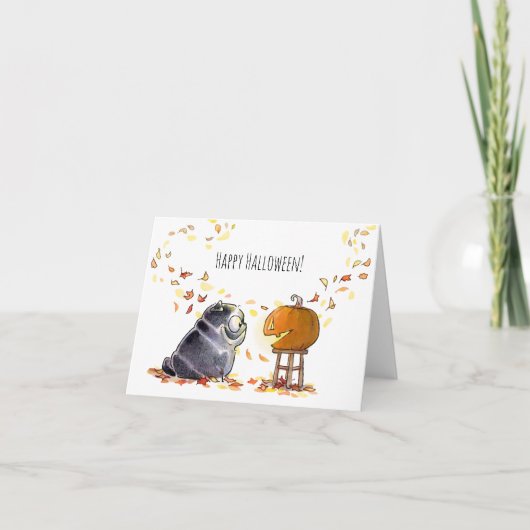 ハッピーハローウィンブラックパグジャックオランタンカード カード (正面)