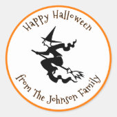 ハッピーハローウィンブラック飛んでいるウィッチ名前をカスタムする ラウンドシール (正面)