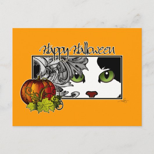 ハッピーハローウィンブラック&ホワイト猫 ポストカード (正面)