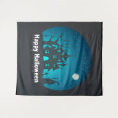 ハッピーハローウィンブルーアンドブラックハ幽霊のよく出るウス タペストリー (正面(横))