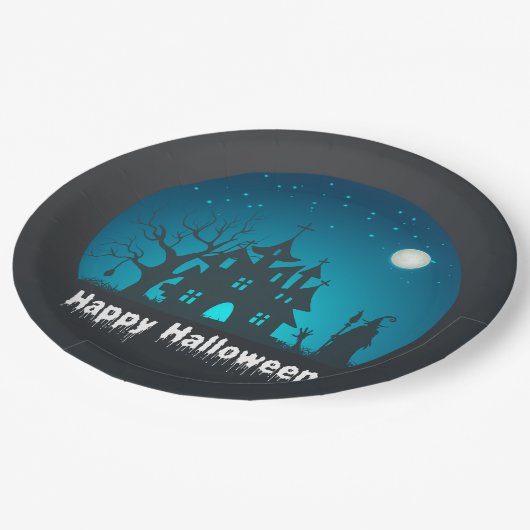 ハッピーハローウィンブルーアンドブラックハ幽霊のよく出るウス ペーパープレート (アングル)