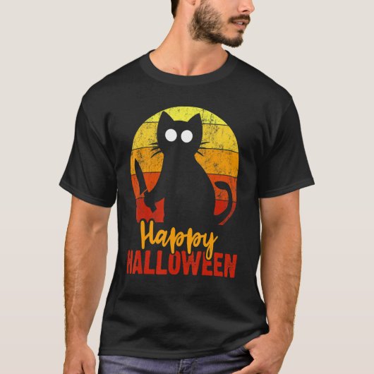 ハッピーハローウィンホラー黒猫ナイフ怖い Tシャツ (正面)