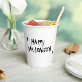 ハッピーハローウィンホワイトブラックスポオキータイポグラフィおもしろい 紙コップ