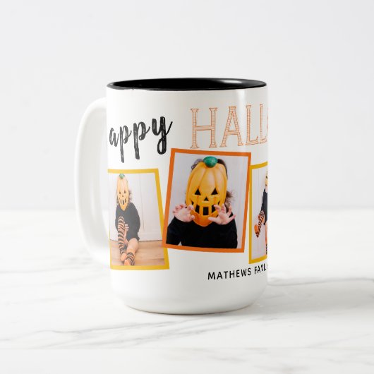ハッピーハローウィンモノグラムの写真コラージュ ツートーンマグカップ (正面左)