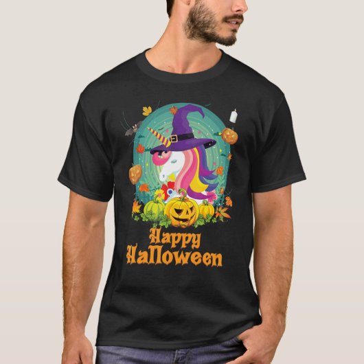 ハッピーハローウィンユニコーンドッグパンプキンウィッチ幽霊クー Tシャツ (正面)