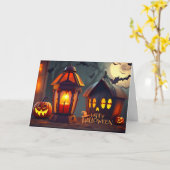 ハッピーハローウィンランタンナイトこうもり 飛んでいる カード (黄色い花)