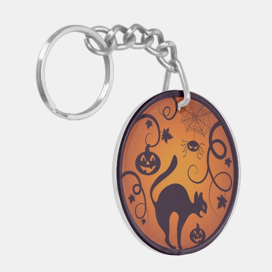 ハッピーハローウィンランタンブラックキャットスパイダーとこうもり キーホルダー (正面左)