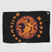 ハッピーハローウィンランタンブラックキャットスパイダーとこうもり ゴルフタオル (横)