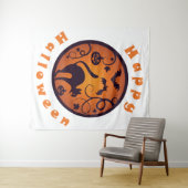 ハッピーハローウィンランタンブラックキャットスパイダーとこうもり タペストリー (インサイチュ(横))