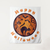 ハッピーハローウィンランタンブラックキャットスパイダーとこうもり タペストリー (正面)